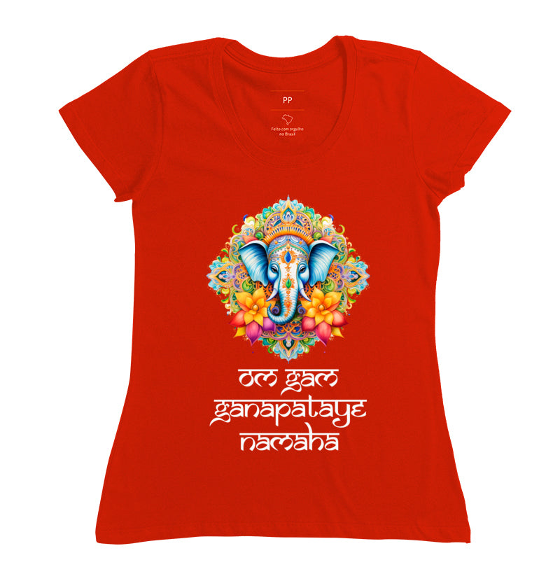 camiseta mantra ganesha o mantra da prosperidade sua vibe feminina cor vermelha