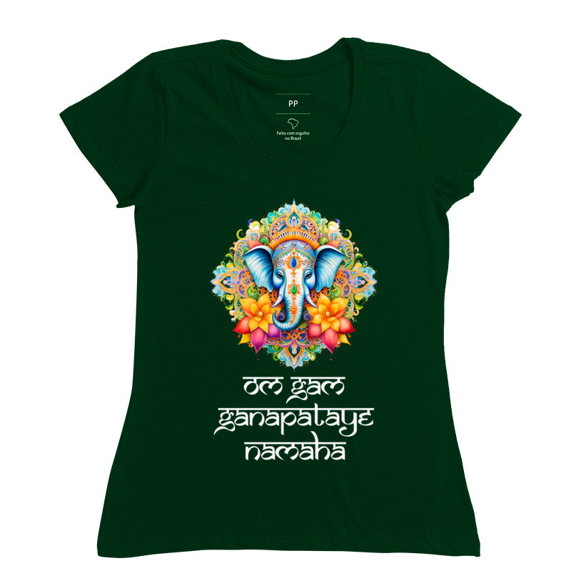 camiseta mantra ganesha o mantra da prosperidade sua vibe feminina cor verde