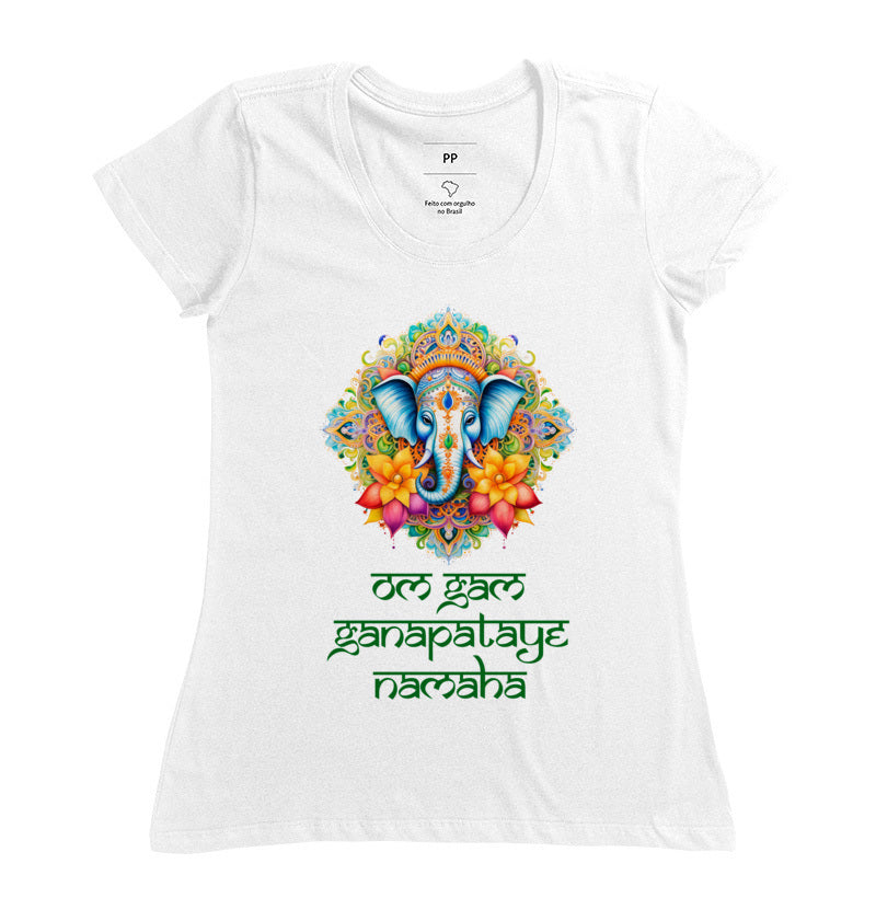 camiseta mantra ganesha o mantra da prosperidade sua vibe feminina cor branca