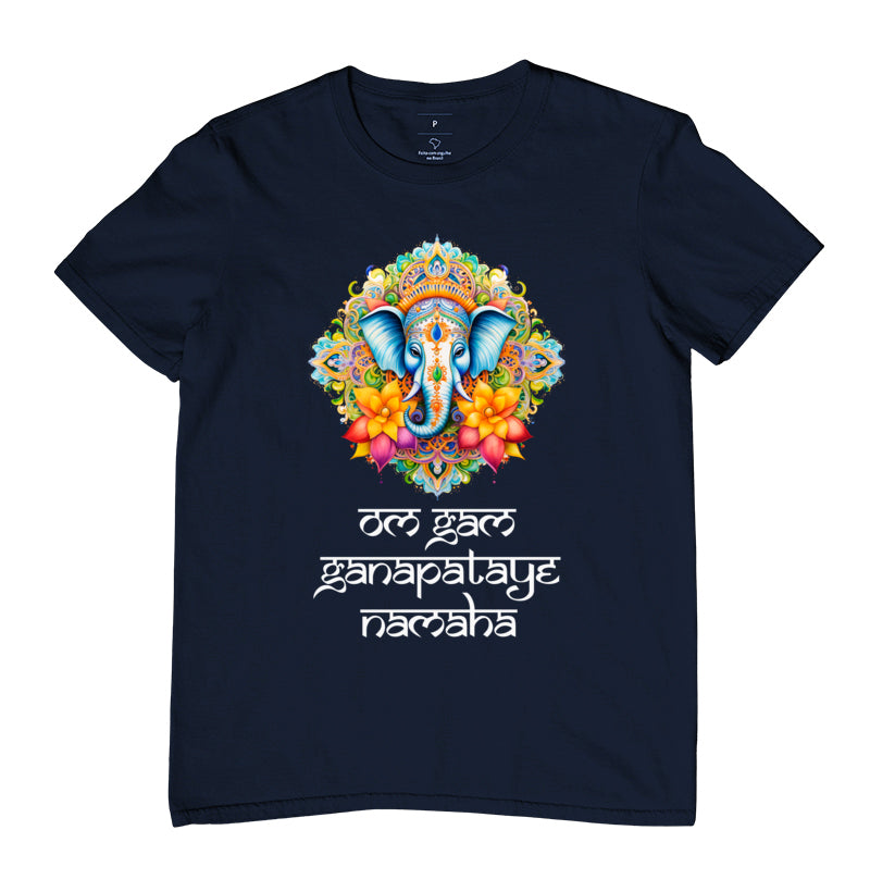 camiseta mantra ganesha o mantra da prosperidade sua vibe masculina cor azul