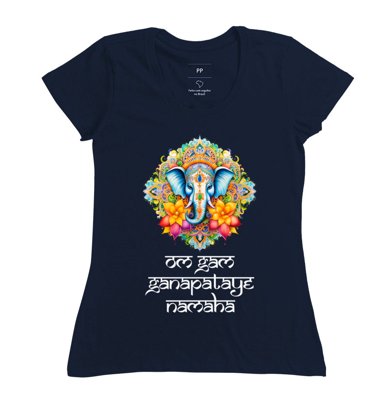 camiseta mantra ganesha o mantra da prosperidade sua vibe feminina cor azul